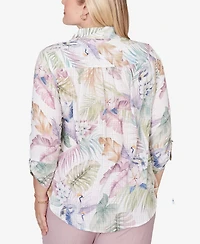 Alfred Dunner Women's Vintage Charm Tropical Button Front Tie Sleeve Top
