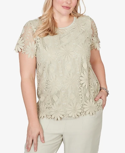 Alfred Dunner Women's Vintage Charm Floral Lace Short-Sleeve T0p