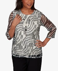 Alfred Dunner Women's Detail Driven Animal Popcorn Embellished Top with Necklace