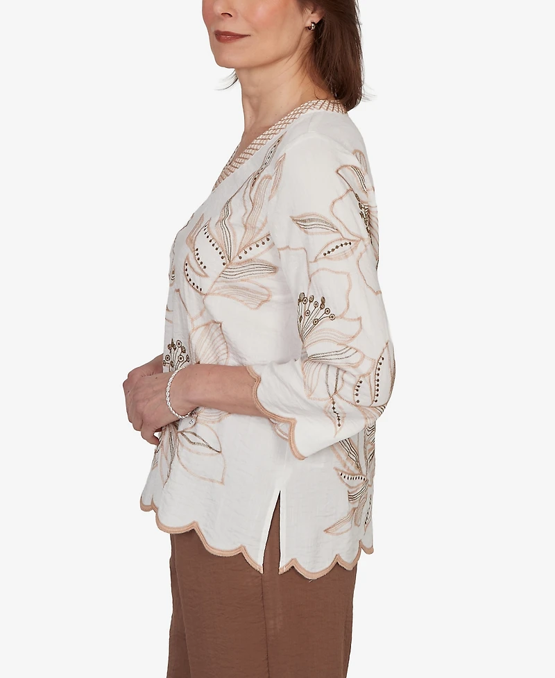 Alfred Dunner Women's Spice Market Embroidered Floral V-Neck Textured Top