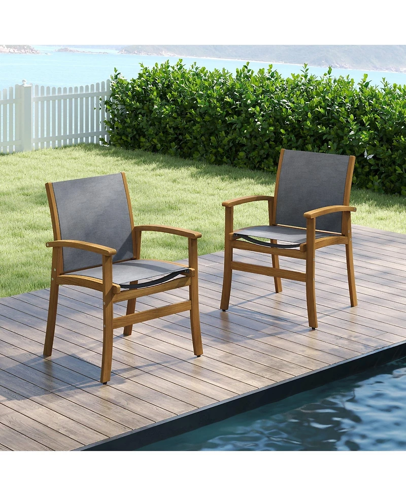 Sugift Set of 2 Patio Dining Chairs with Breathable Fabric and Acacia Wood Frame