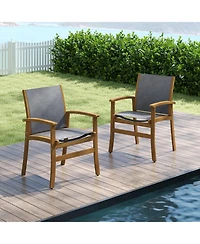 Sugift Set of 2 Patio Dining Chairs with Breathable Fabric and Acacia Wood Frame