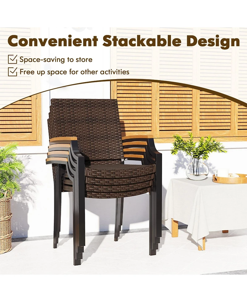 Sugift Stacking Wicker Chairs Set of 2 Patio Rattan Dining Chairs with Acacia Wood Armrests