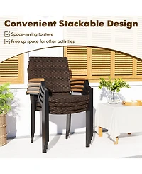 Sugift Stacking Wicker Chairs Set of 2 Patio Rattan Dining Chairs with Acacia Wood Armrests