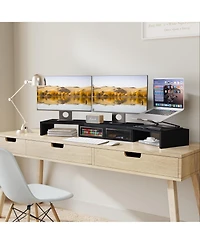 Gnuadz Dual Monitor Stand Riser With Drawer Smartphone Holder Wooden Desk Organizer Adjustable Workspace Computer 2 drawers