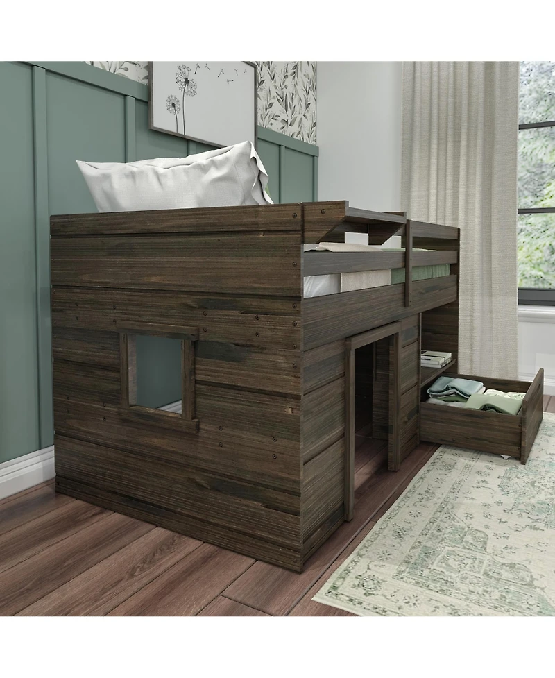 Max & Lily Modern Farmhouse Low Loft Bed with Storage Drawer, Solid Wood for Kids