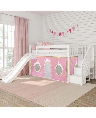 Max & Lily Low Twin over Bunk With Stairs, Easy Slide and Gold Princess Curtain