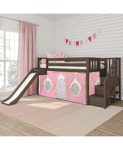 Max & Lily Low Twin over Bunk With Stairs, Easy Slide and Gold Princess Curtain