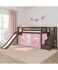 Max & Lily Low Twin over Bunk With Stairs, Easy Slide and Gold Princess Curtain