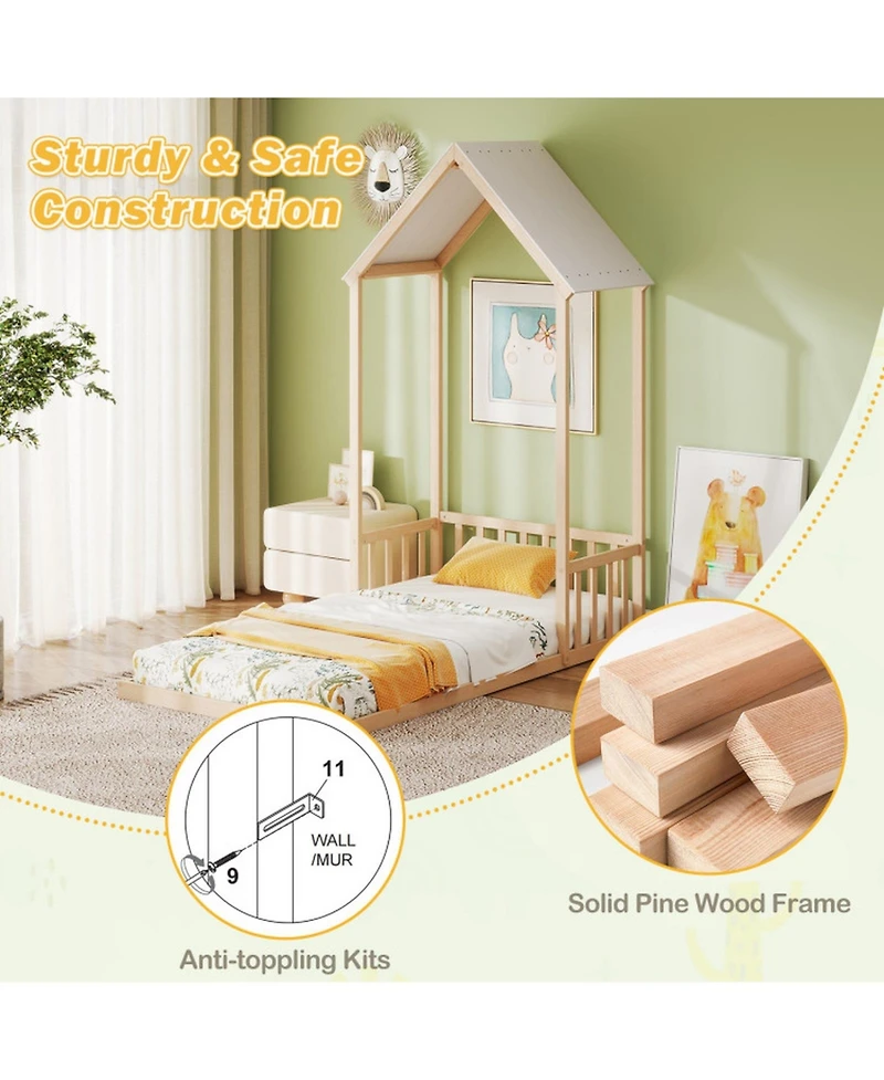 Gouun Twin Kids House Bed Frame with Safety Guardrails