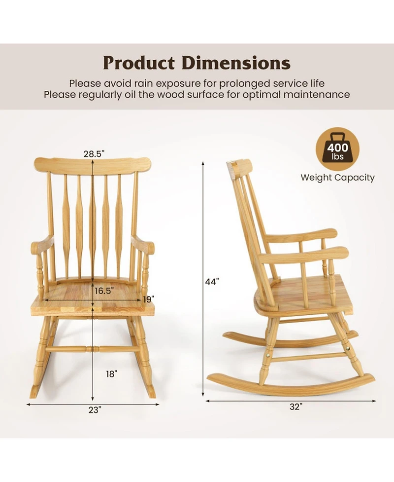 Gouun Solid Rubber Wood Porch Rocking Chair with Contoured Seat