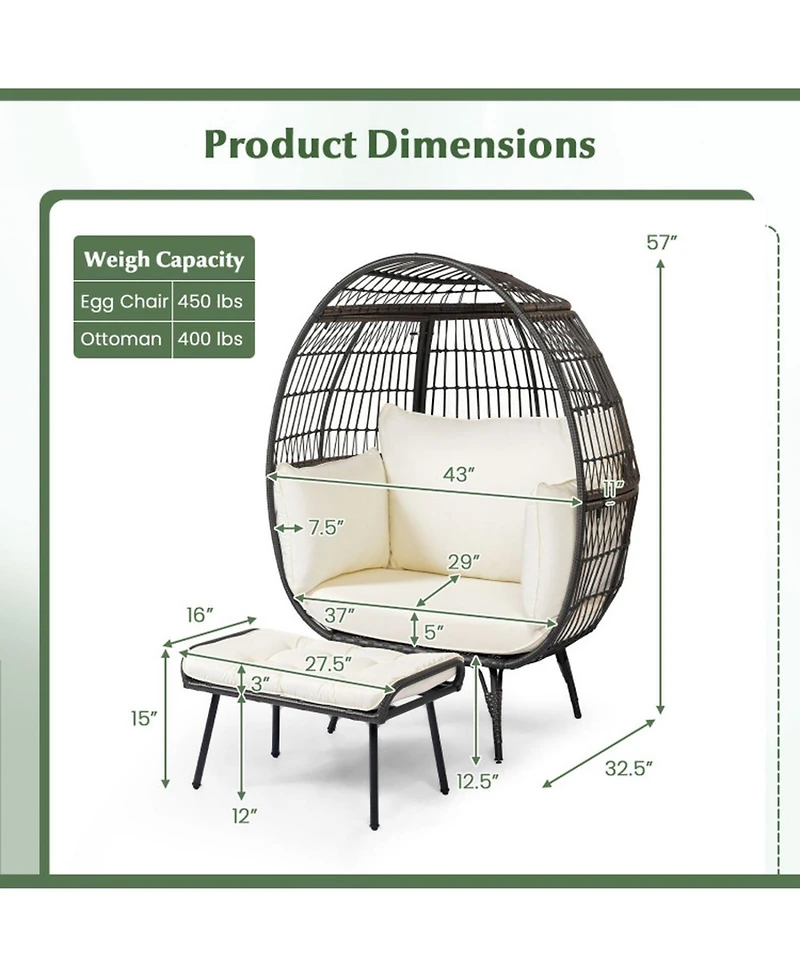 Gouun Oversized Rattan Egg Lounge Chair with Ottoman and Cushions
