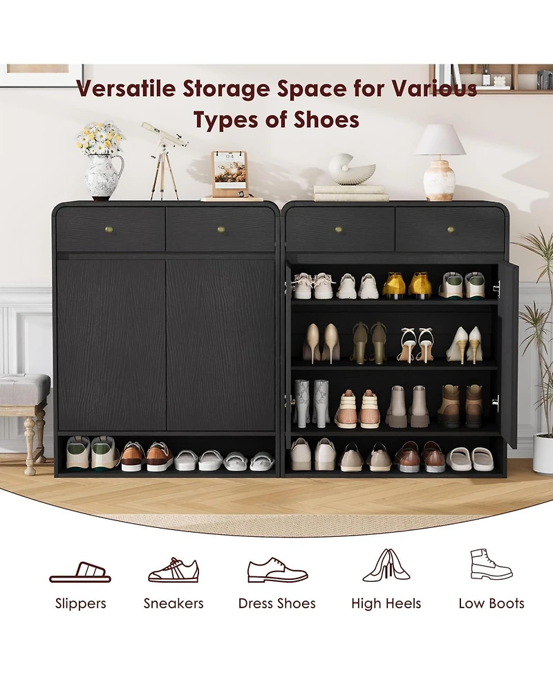 Homfan Shoe Cabinet with 2 Doors and Drawers, 4 Tier Entryway Storage Open Bottom Shelf