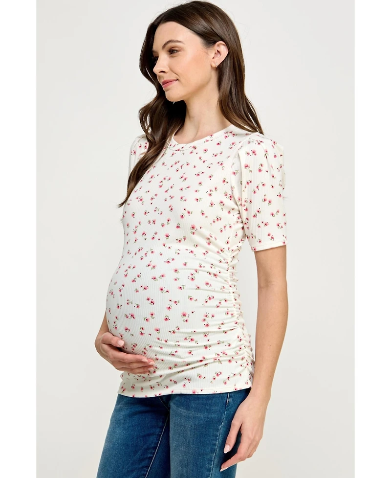 Hello Miz Maternity Floral Ribbed Ruched Puff-Sleeve Fitted Top
