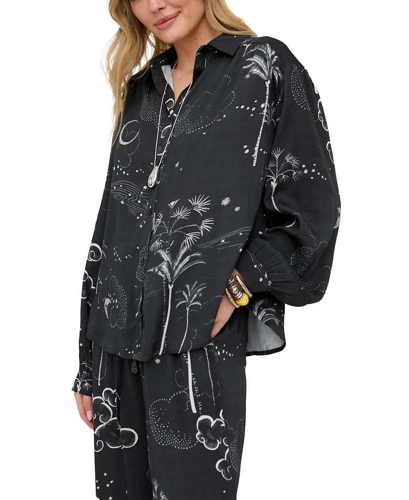 Raffya Women's Palm Button Down Print Shirt