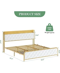 gaomon King Platform Bed Frame with Charging Station, Led Lights, Velvet Storage Headboard, Noise-Free, No Box Spring Needed