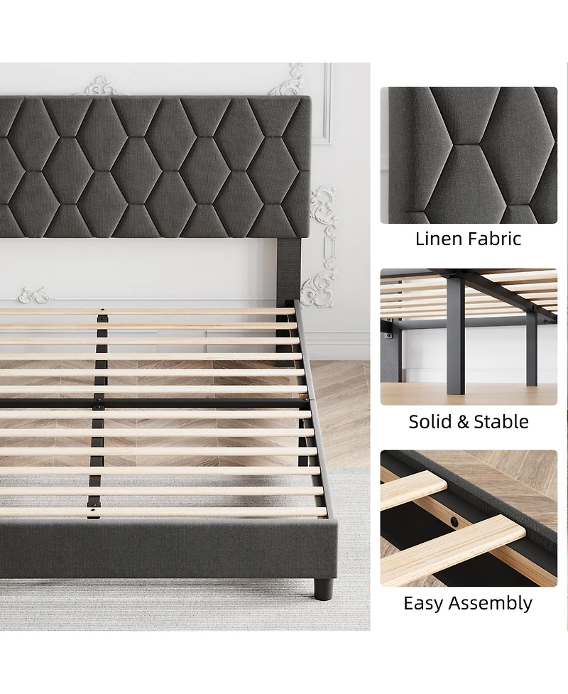 Homfan Full Bed Frame with Upholstered Headboard, Heavy-Duty Platform Bed Frame with Strong Wood Slats