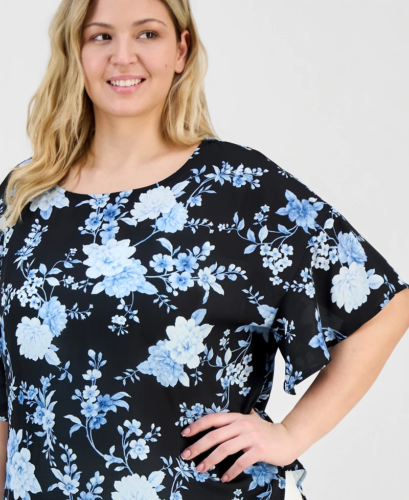 Anne Klein Plus Printed Flutter-Sleeve Top