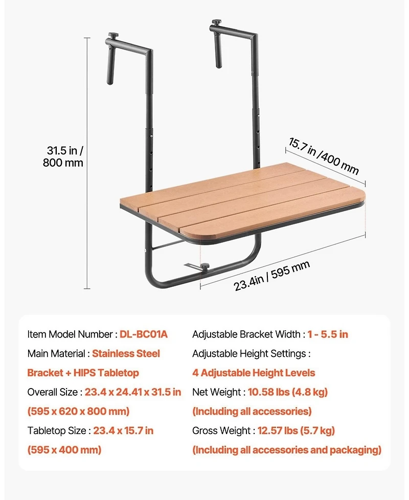 Gouun Adjustable Folding Balcony Hanging Table for Railings Patio Bar Table