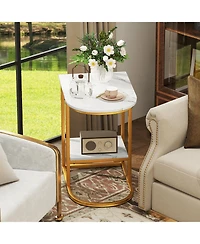 Sugift C Shaped Sofa Side Table with Faux Marble Top