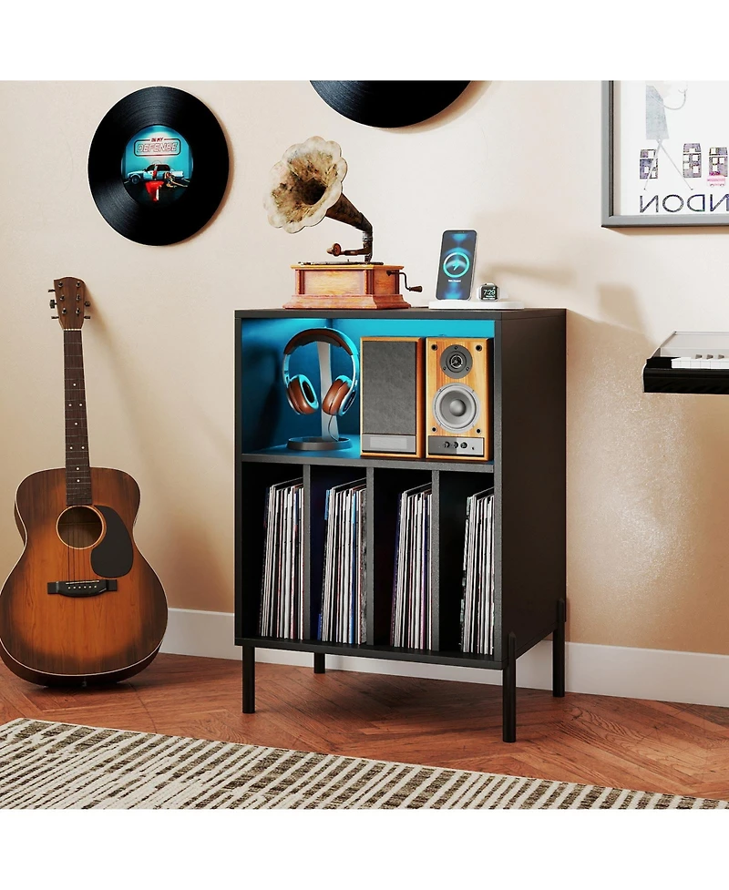 Sugift Record Player Stand with Led Light and Charging Station