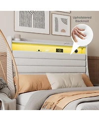 Homfan Modern Upholstered Platform Bed Frame with Led Headboard and Charging Station - Wooden Slat Support, Noise-Free