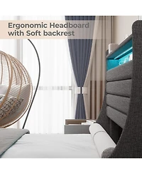 Homfan Modern Upholstered Platform Bed Frame with Led Headboard and Charging Station - Wooden Slat Support, Noise-Free