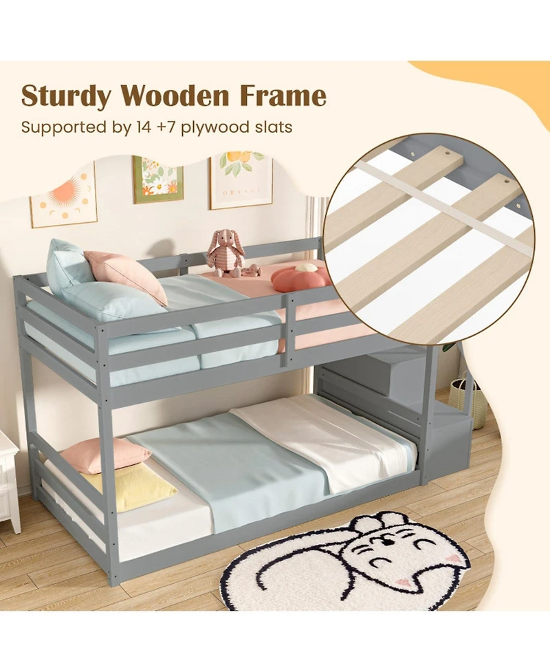 Gouun Pine Wood Twin Over Twin Bunk Bed with Storage Stairs