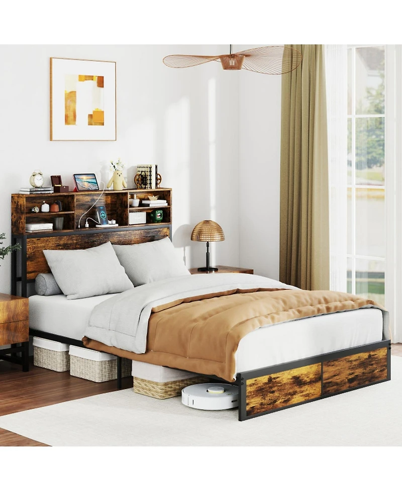Gouun Full Metal and Wood Platform Bed Frame with Storage Drawers and Headboard and Industrial Design