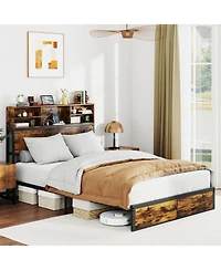 Gouun Full Metal and Wood Platform Bed Frame with Storage Drawers and Headboard and Industrial Design