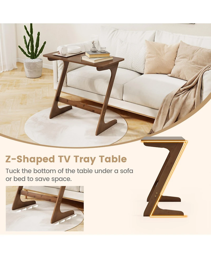 Sugift Bamboo Z Shaped Sofa Side Table with Space Saving Top