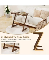 Sugift Bamboo Z Shaped Sofa Side Table with Space Saving Top