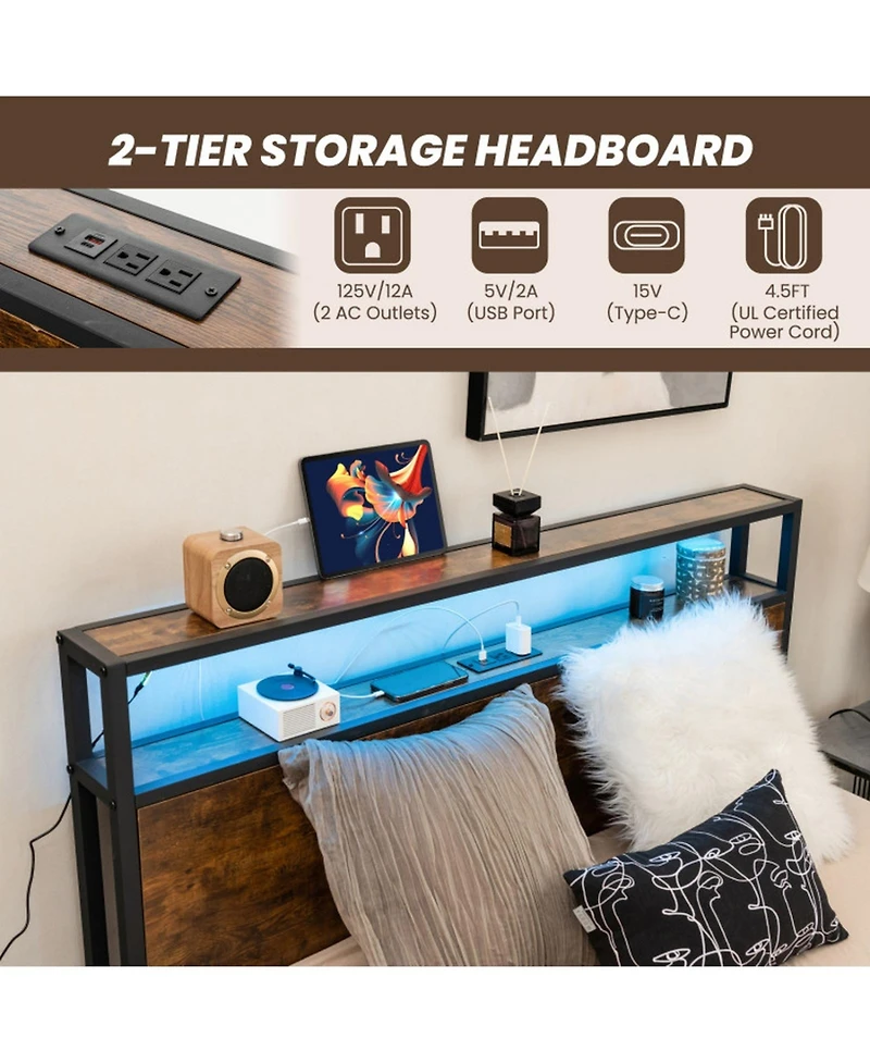 Gouun Full Size Led Bed Frame with 4 Storage Drawers and Built-In Charging Station