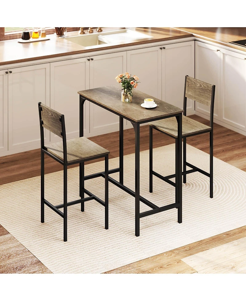 Costway 3 Pcs Bar Table Set Pub Dining Table and 2 Bar Stools with Backrest and Footrest