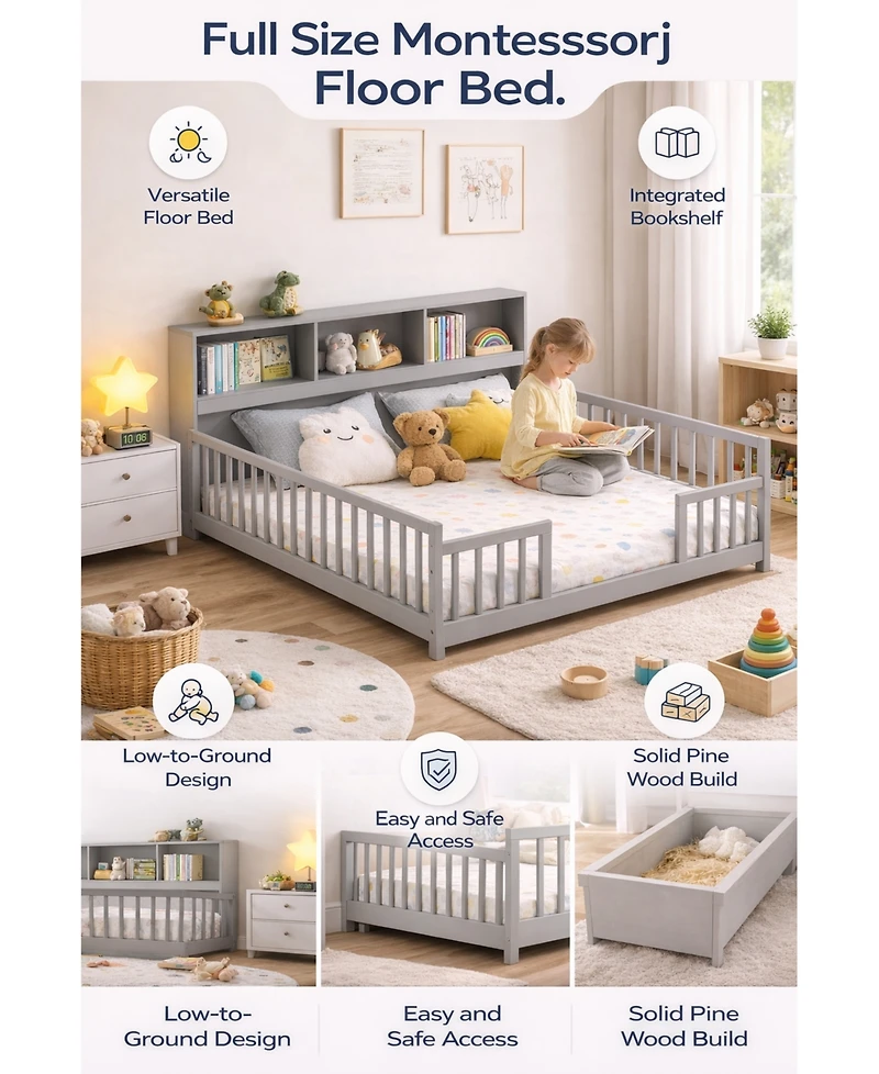 Gouun Full Montessori Floor Bed with Storage Shelves