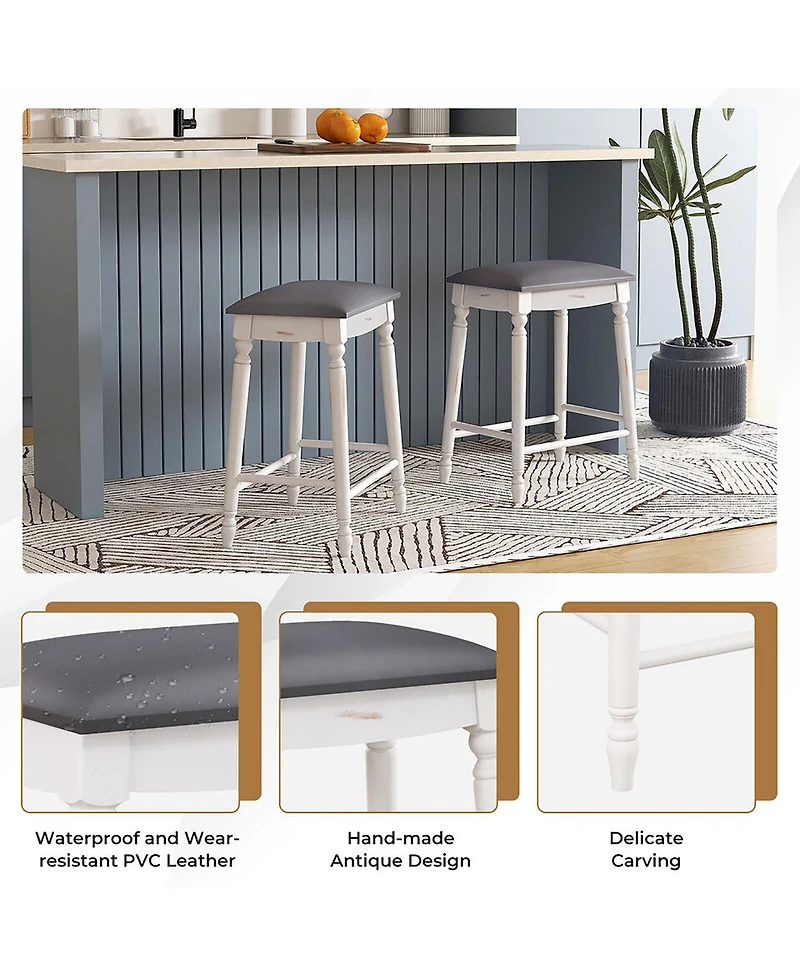 Gymax 24'' Bar Stool Set of 2 with Padded Seat Cushions Rubber Wood Legs Upholstered
