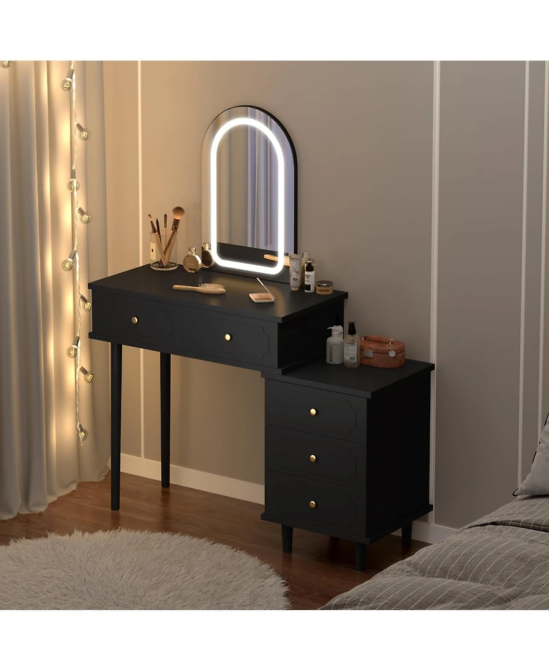 Homfan Makeup Vanity Desk with Mirror and Lights, Modern Table 2 Drawers Adjustable 3-Drawer Cabinet, Wood Dressing for Bedroom