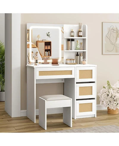 Homfan Rattan Vanity with Mirror, Makeup Vanity Desk with Adjustable Led Light, Large Storage Space and4 Drawers, 2 Tiers of Open Shelves for Bedroom