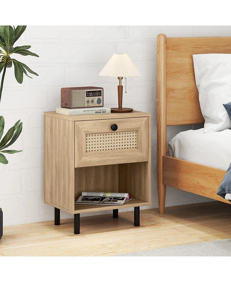 Sugift Boho Rattan Nightstand with Drawer and Open Display Shelf