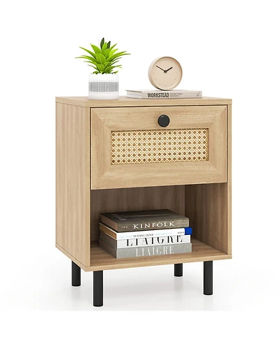 Sugift Boho Rattan Nightstand with Drawer and Open Display Shelf