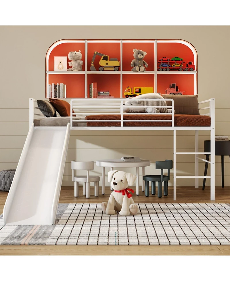 Gouun Twin Metal Loft Bed with Slide, Built-In Ladder and Safety Guardrails