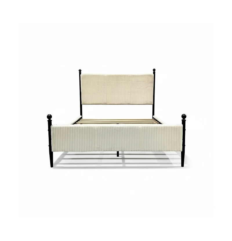 Homfan Modern Corduroy Upholstered Bed Frame with Vertical Striped Headboard, Wooden Slats, Metal Legs