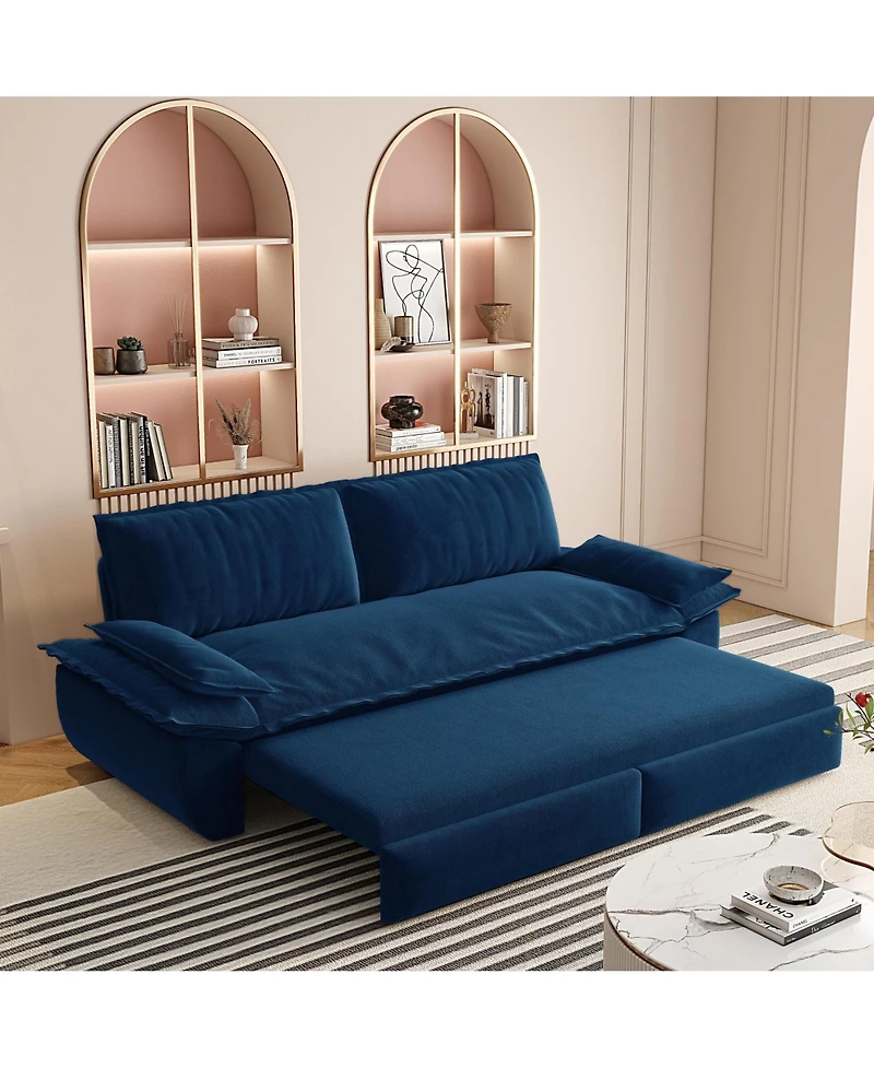 Rainsken 73.2" Convertible Loveseat, Queen Size Velvet Upholstered Pull-Out Sleeper Sofa with Gentle Cushioned Armrests for Living Room