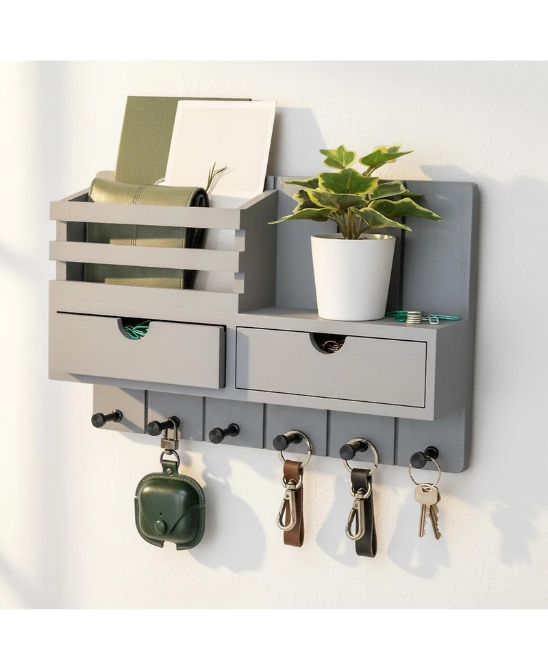 Yigii Wall Mounted Key Holder with 2 Drawers 6 Hooks Shelf Mail Organizer Decor