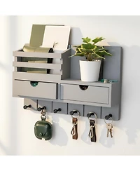 Yigii Wall Mounted Key Holder with 2 Drawers 6 Hooks Shelf Mail Organizer Decor