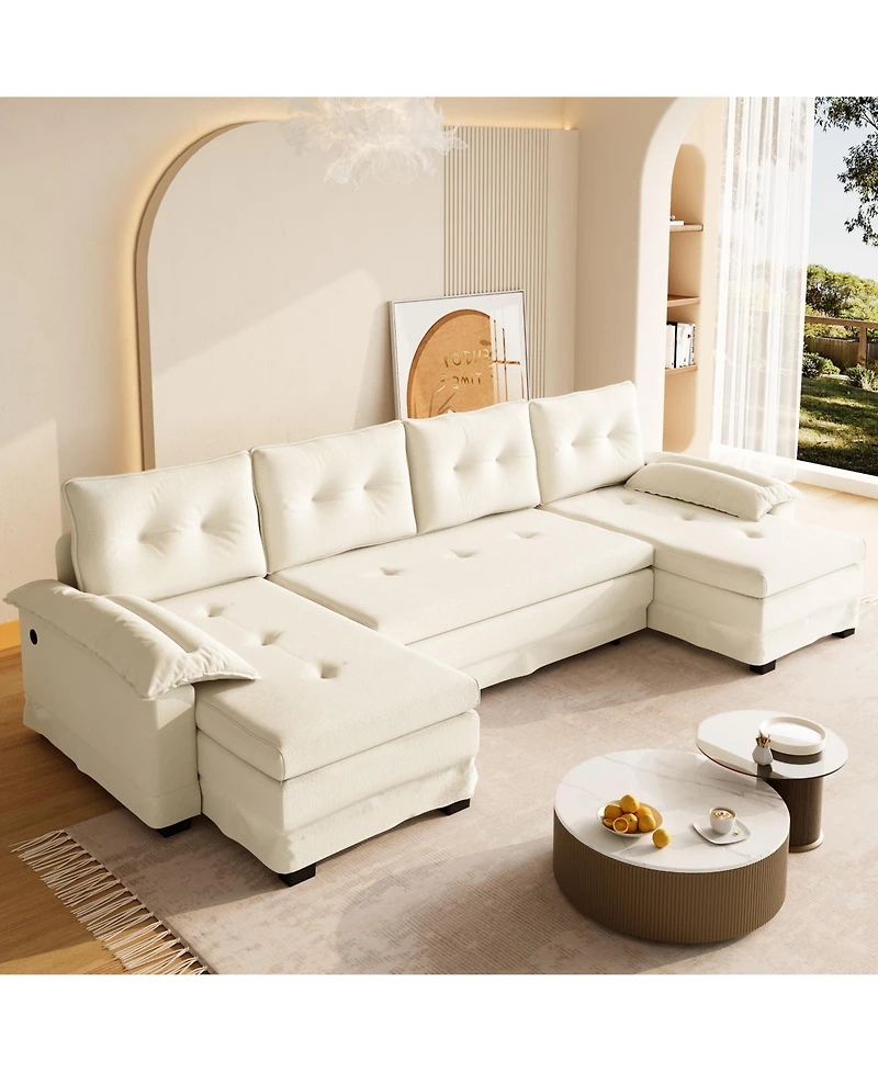 Rainsken 109.5" U-Shaped Sleeper Sofa, Oversized Modular Sectional Couch with Pull Out Bed, Removable Armrests and Usb Ports for Living Room