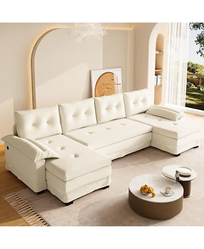 Rainsken 109.5" U-Shaped Sleeper Sofa, Oversized Modular Sectional Couch with Pull Out Bed, Removable Armrests and Usb Ports for Living Room