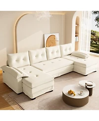 Rainsken 109.5" U-Shaped Sleeper Sofa, Oversized Modular Sectional Couch with Pull Out Bed, Removable Armrests and Usb Ports for Living Room