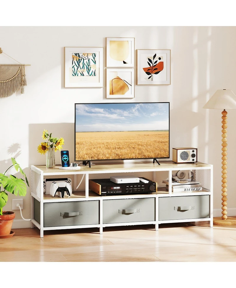 Gouun 55 in Tv Stand with Power Outlets and Fabric Storage Drawers