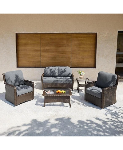 Tribesigns 5-Piece Outdoor Wicker Patio Furniture Set with 2 Swivel Chairs, 1 Loveseat and 2 Tables, Rattan Conversation Set with Cushions